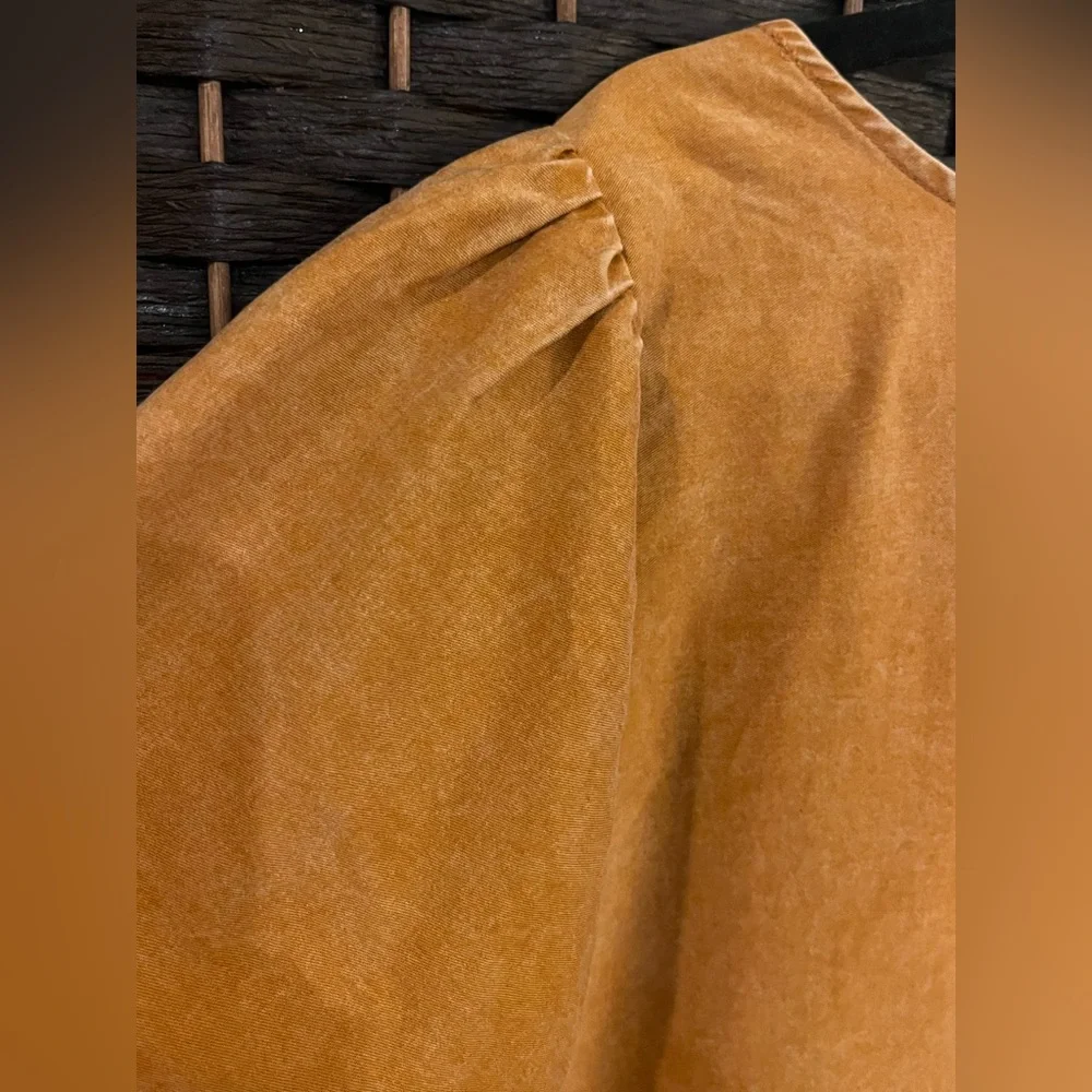 Ava & Viv tiered dress. Balloon 3/4-Sleeve A-Line. Midi, 100% cotton. Mustard 4X - Picture 7 of 12